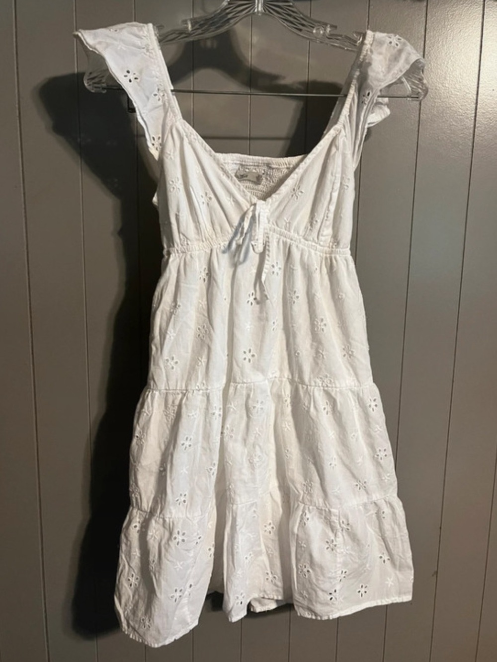 Hollister white eyelet Flutter Sleeve Babydoll Dress with pockets and cutout